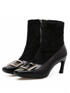 Choies Black Leather Buckle Detail Stretch Panel Heeled Ankle Boots