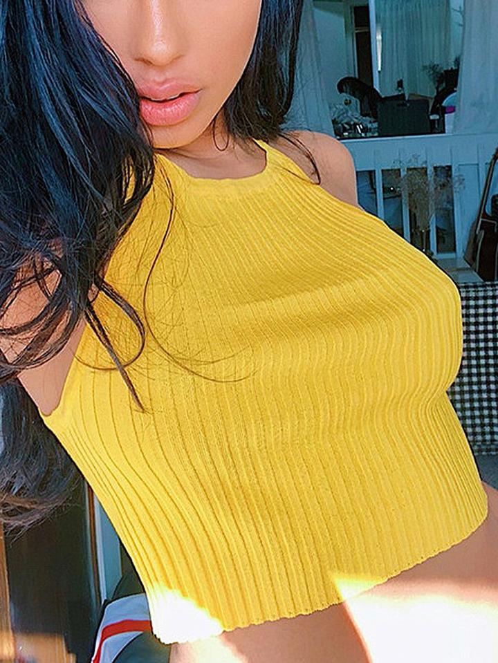Choies Yellow Ribbed Halter Crop Tank Top