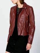 Choies Burgundy Notch Lapel Asymmetric Zip Leather Look Biker Jacket