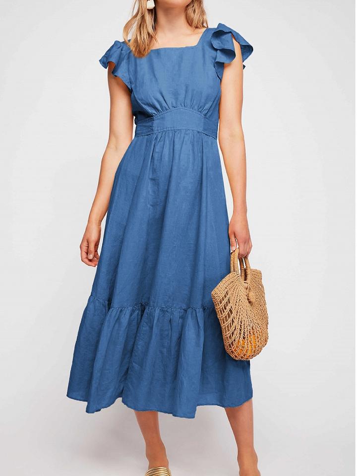 Choies Blue Cotton Ruffle Trim Open Back Chic Women Midi Dress