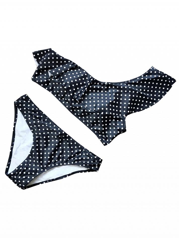 Choies Black One Shoulder Ruffle Trim Polka Dot Bikini Top And Bottom