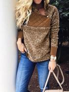Choies Brown High Neck Plaid Panel Long Sleeve Women Fleece Sweatshirt