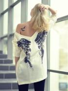 Choies White Angel Wings Print V Neck Loose Knitted Sweater