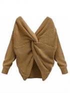 Choies Khaki V-neck Knot Back Long Sleeve Knit Jumper