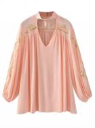 Choies Pink Embroidery High Neck Plunge Front Blouson Sleeves Blouse