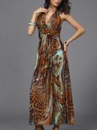 Choies Yellow V-neck Halter Peacock Print Bohemian Dress