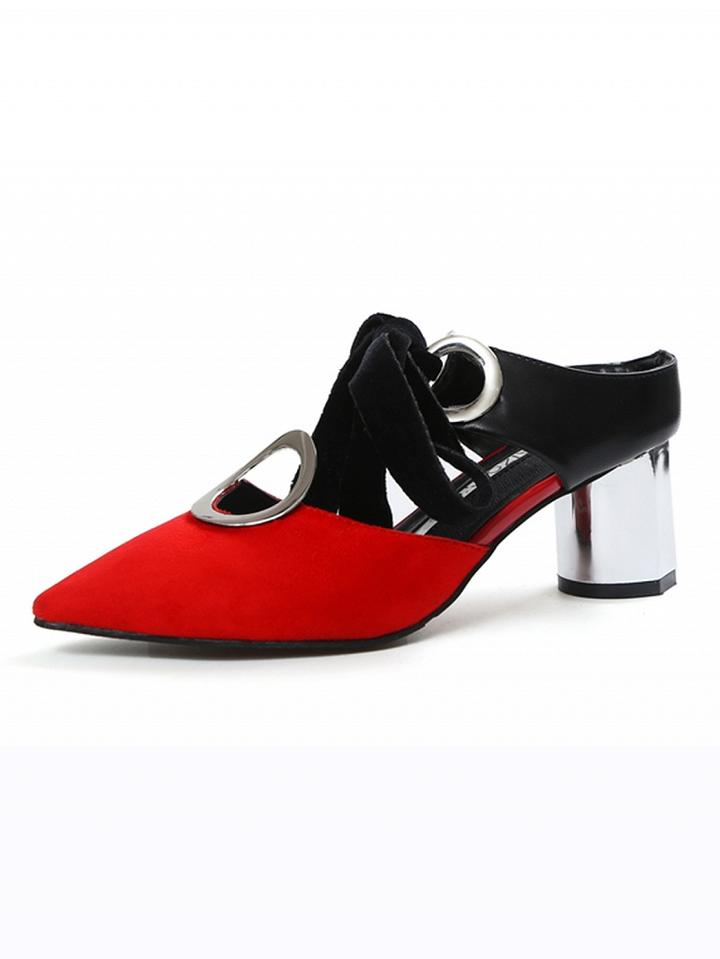 Choies Red Color Block Bow Embellished Circle Detail Pointed Toe Shoes