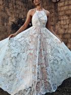 Choies Pink Halter Cross Strap Back Sleeveless Women Lace Maxi Dress