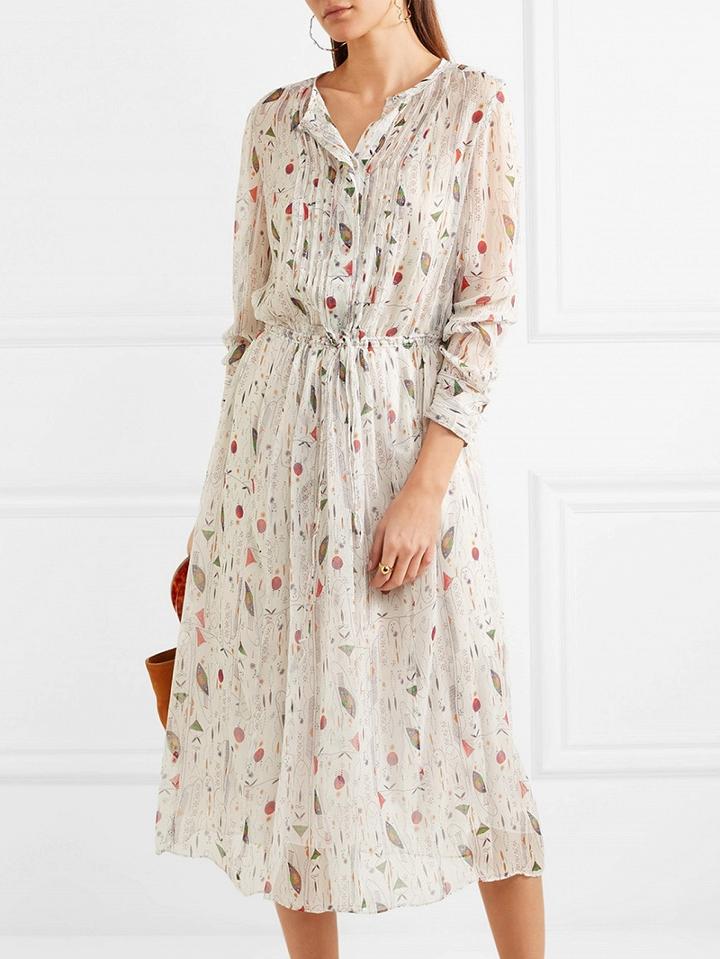 Choies White Chiffon Floral Print Long Sleeve Chic Women Midi Dress