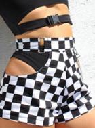 Choies Black Plaid Cotton High Waist Cut Out Detail Chic Women Shorts