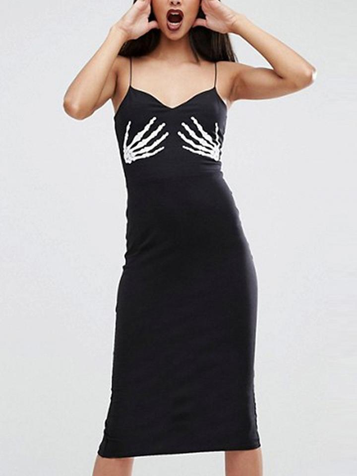 Choies Black V-neck Skull Palm Print Spaghetti Strap Bodycon Dress