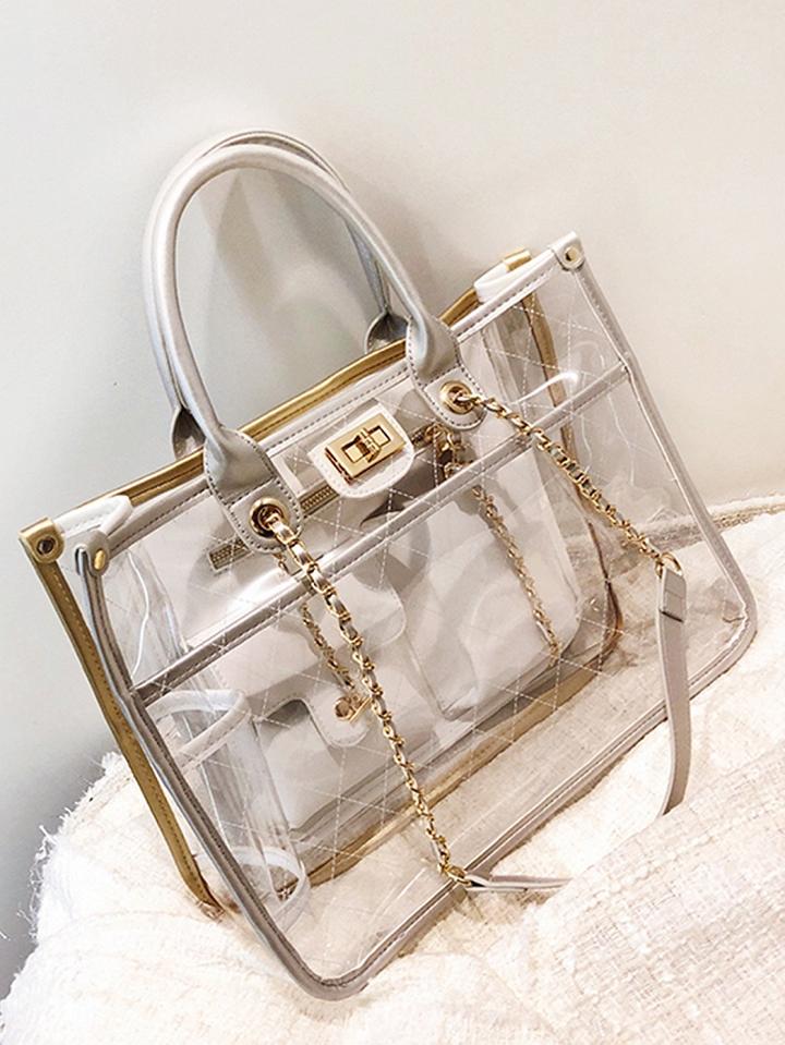Choies Silver Pu Argyle Print Chain Strap Chic Women Sheer Shoulder Bag