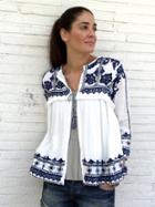 Choies White Embroidery Tile Pattern Batwing Sleeve Tie Front Blouse