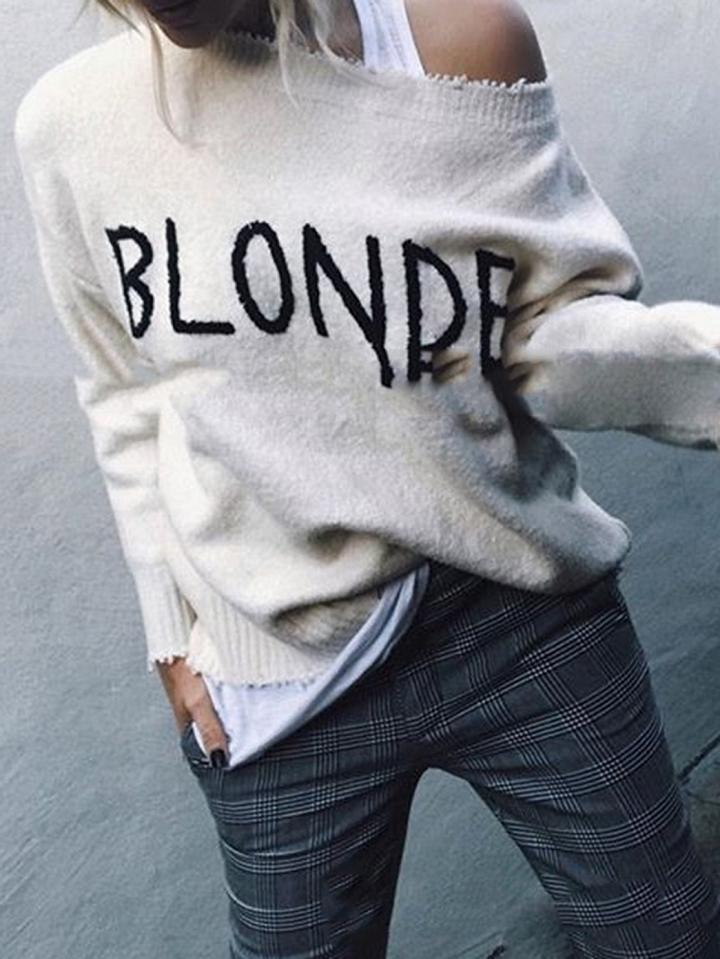 Choies White Letter Embroidery Long Sleeve Chic Women Knit Sweater
