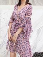 Choies Purple Chiffon V-neck Floral Print Flare Sleeve Chic Women Mini Dress