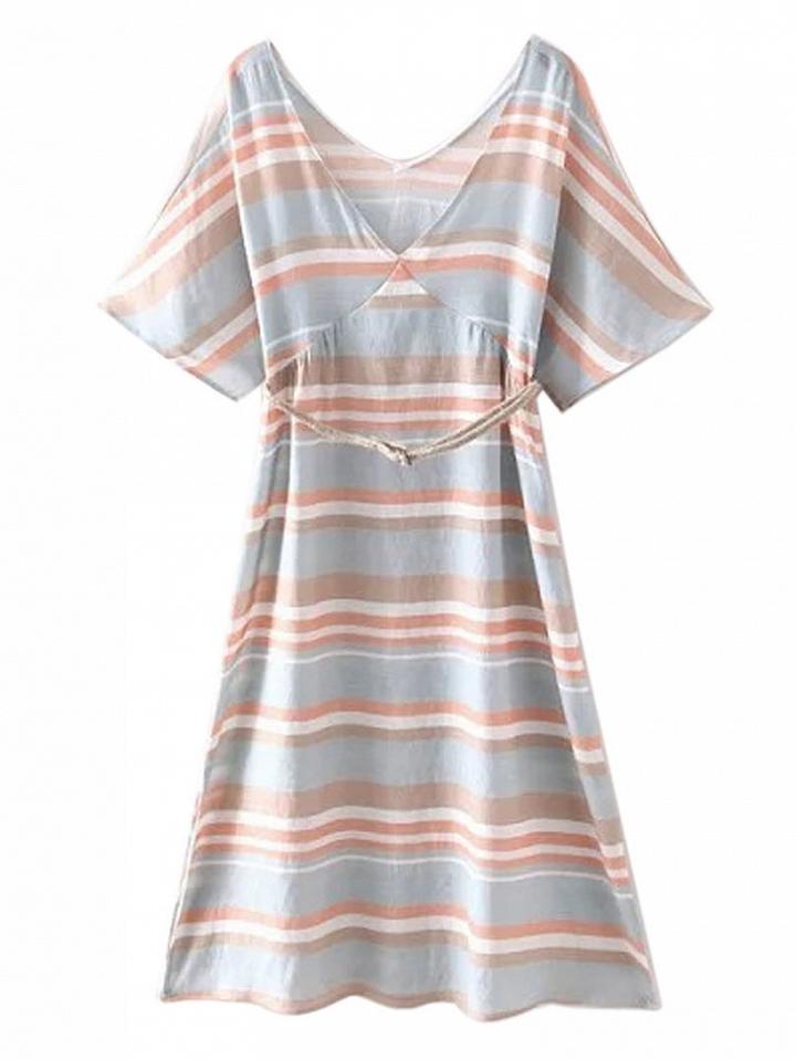Choies Multicolor V-neck Stripe Side Split Belted Dress
