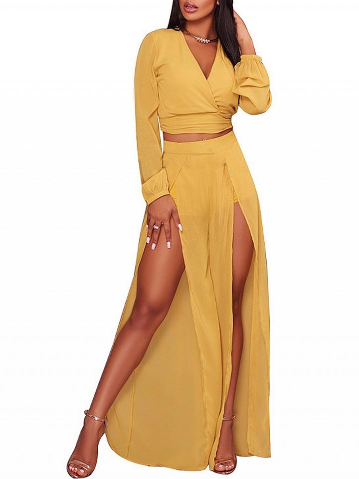 Choies Yellow Crop Top And High Waist Thigh Split Wide Leg Pants