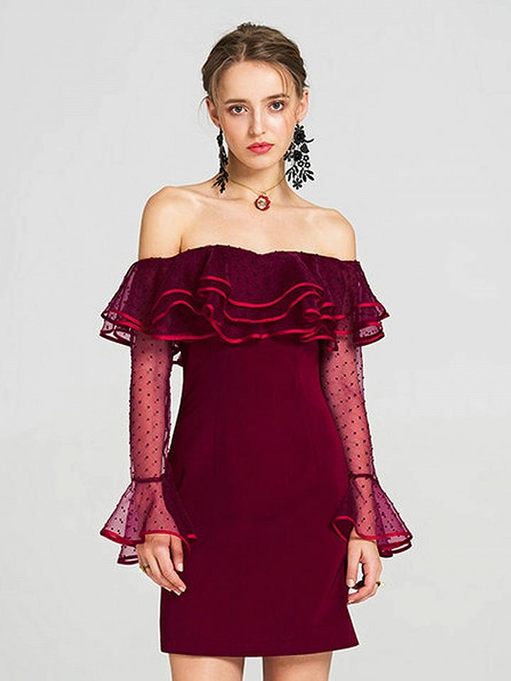Choies Burgundy Off Shoulder Layered Ruffle Sheer Bell Sleeve Dress