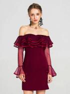 Choies Burgundy Off Shoulder Layered Ruffle Sheer Bell Sleeve Dress