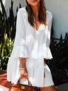 Choies White V-neck Flare Sleeve Mini Dress