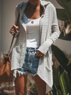 Choies White Stripe Long Sleeve Women Cotton Hooded Cardigan