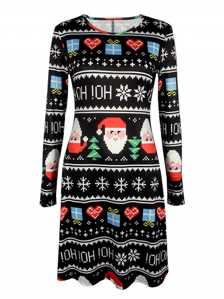 Choies Black Letter And Mosaic Santa Claus Print Holiday A-line Dress