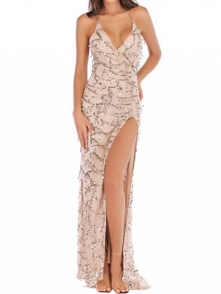 Choies Beige Halter V-neck Sequin Detail Women Cami Maxi Dress