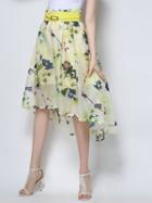Choies Yellow Floral Leaves Print High Waist Asymmetric Hem Midi Skirt