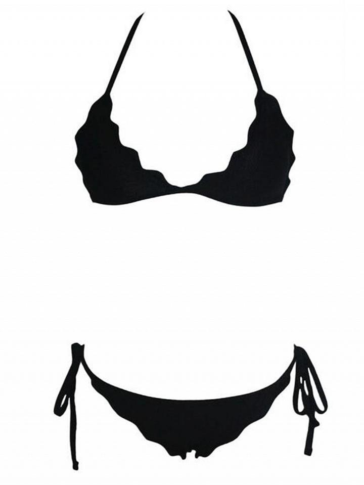 Choies Black Halter Scalloped Hem Padded Triangle Bikini Top And Bottom