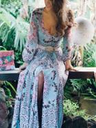 Choies Polychrome V-neck Floral Split Front Long Sleeve Maxi Dress