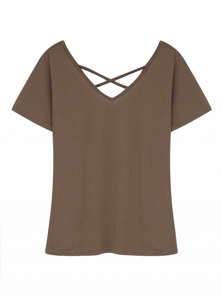 Choies Brown V-neck Cross Strap Short Sleeve -shirt