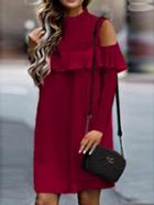 Choies Burgundy Cold Shoulder Lace Panel Ruffle Trim Mini Dress