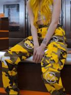 Choies Yellow Camouflage Cotton High Waist Pattern Print Chic Women Pants