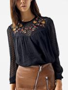 Choies Black Embroidery Floral Long Sleeve Blouse