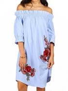 Choies Blue Off Shoulder Embroidery Floral Frill Trim Tunic Dress