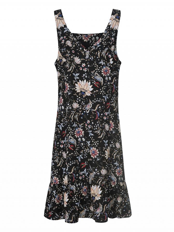 Choies Black V-neck Floral Flounce Hem Dress