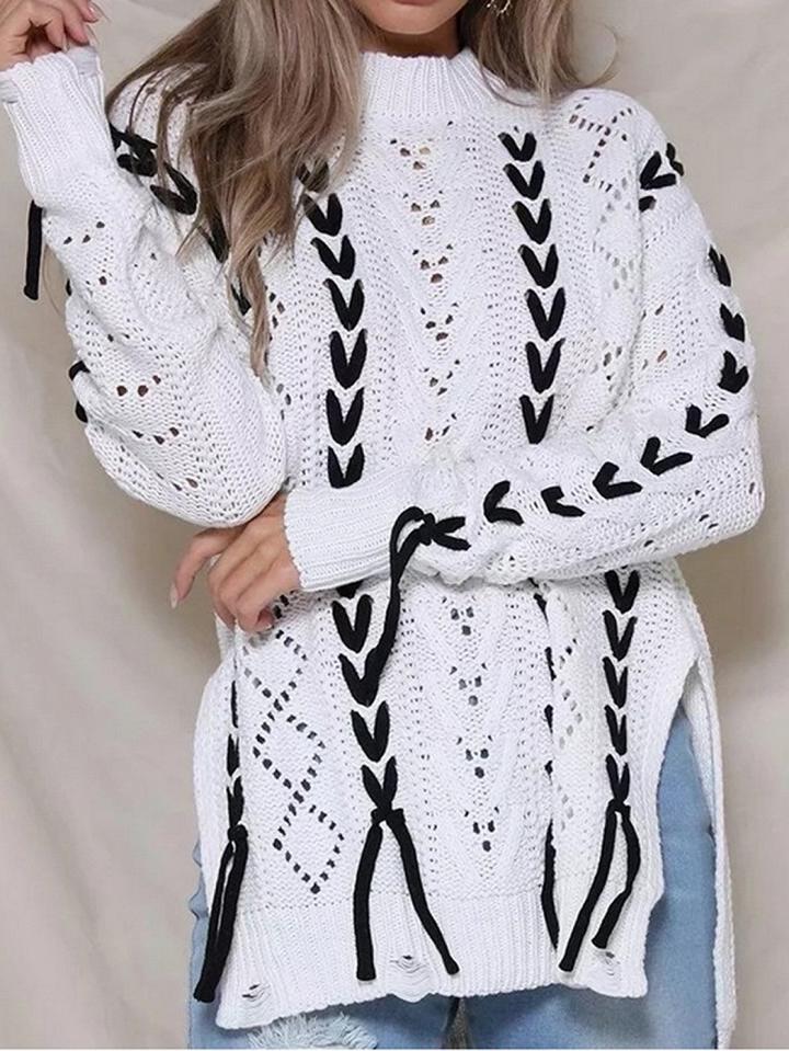 Choies White Lace Up Split Side Long Sleeve Chic Women Knit Sweater