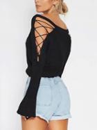 Choies Black V-neck Lace Up Shoulder Flared Sleeve Knit Sweater