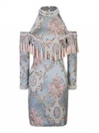 Choies Green Cold Shoulder Jeweled Tassel Detail Floral Jacquard Dress