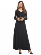 Choies Black V-neck Lace Panel Thigh Split Maxi Dress