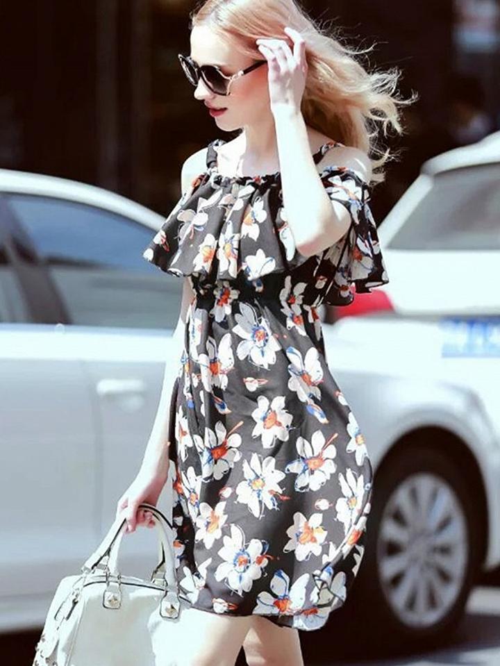Choies Polychrome Floral Cold Shoulder Ruffle Mini Dress