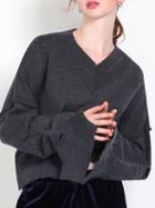 Choies Gray V-neck Cut Out Detail Long Sleeve Knit Sweater