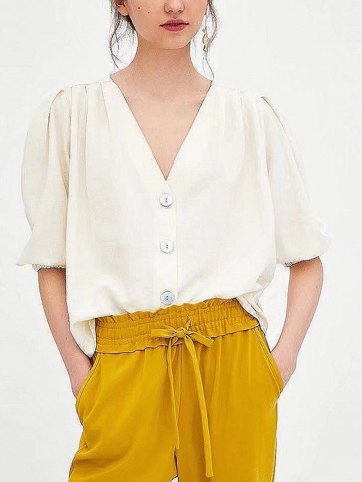 Choies White V-neck Button Placket Puff Sleeve Shirt