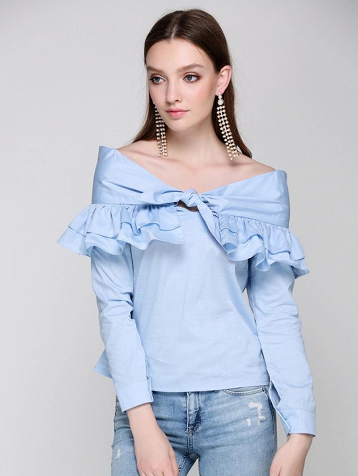Choies Blue Bow Tie Ruffle Detail Long Sleeve Blouse