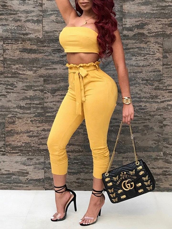 Choies Yellow Faux Suede Crop Top And High Waist Ruffle Trim Pants