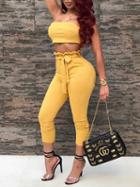Choies Yellow Faux Suede Crop Top And High Waist Ruffle Trim Pants
