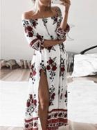 Choies White Off Shoulder Floral Print Thigh Split Maxi Dress