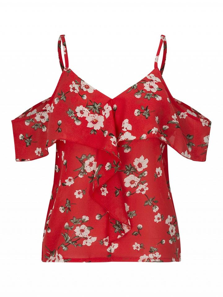 Choies Red V-neck Floral Cold Shoulder Ruffle Blouse