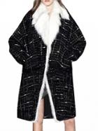 Choies Black Plaid Detachable Faux Fur Collar Longline Coat