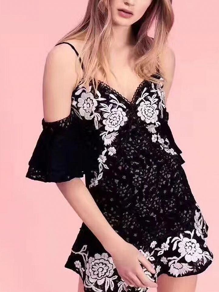 Choies Black V-neck Embroidery Detail Cold Shoulder Lace Mini Dress